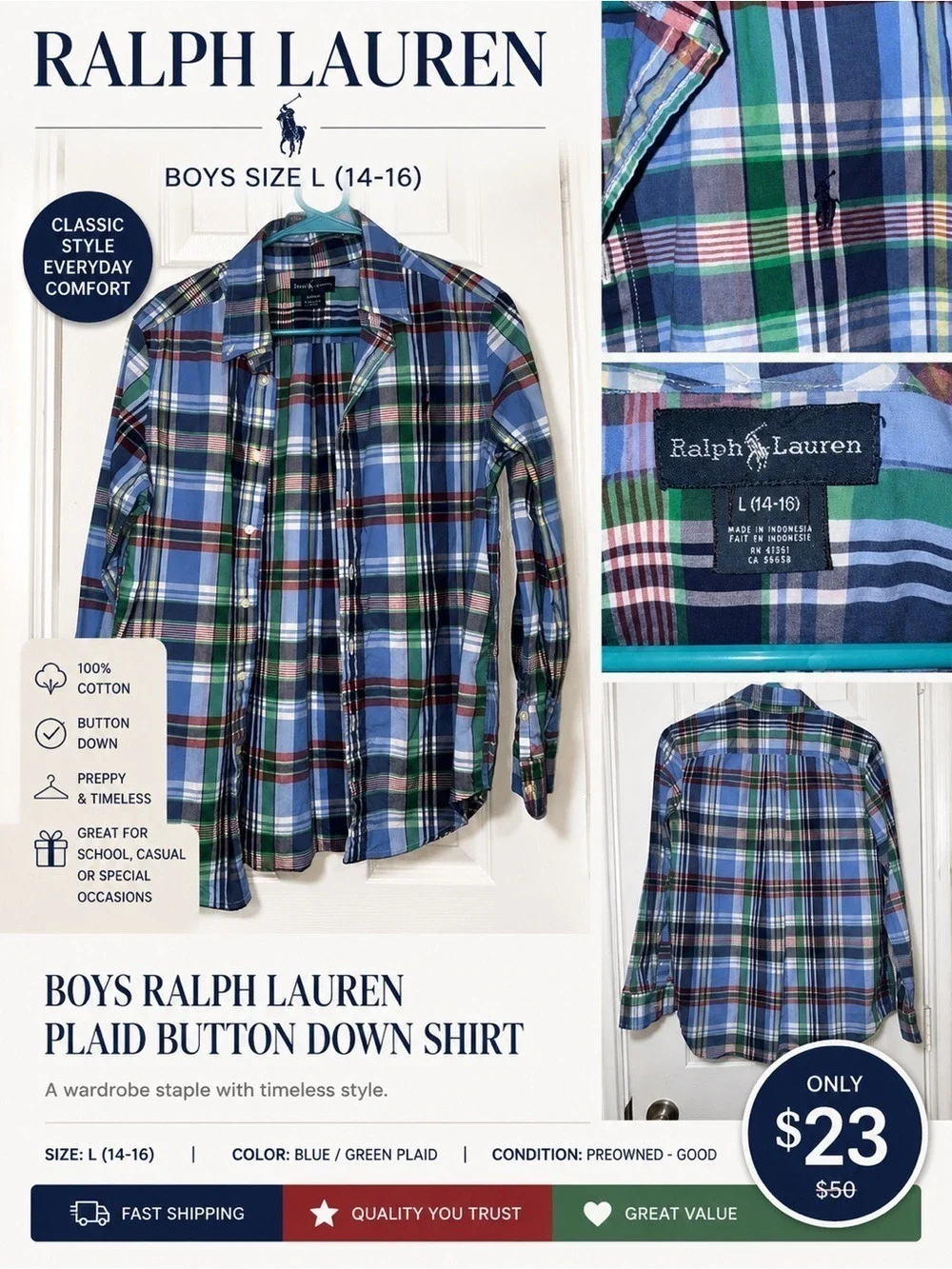 Boys Ralph Lauren Plaid Button Down Shirt Size L 14-16 Blue Green Preppy